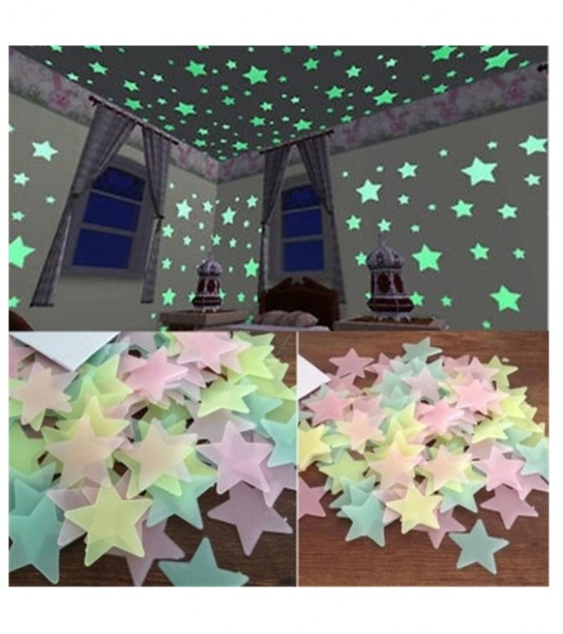 Pack of 100 - Florocent Night Glowing Stars Wall Sticker - Multi