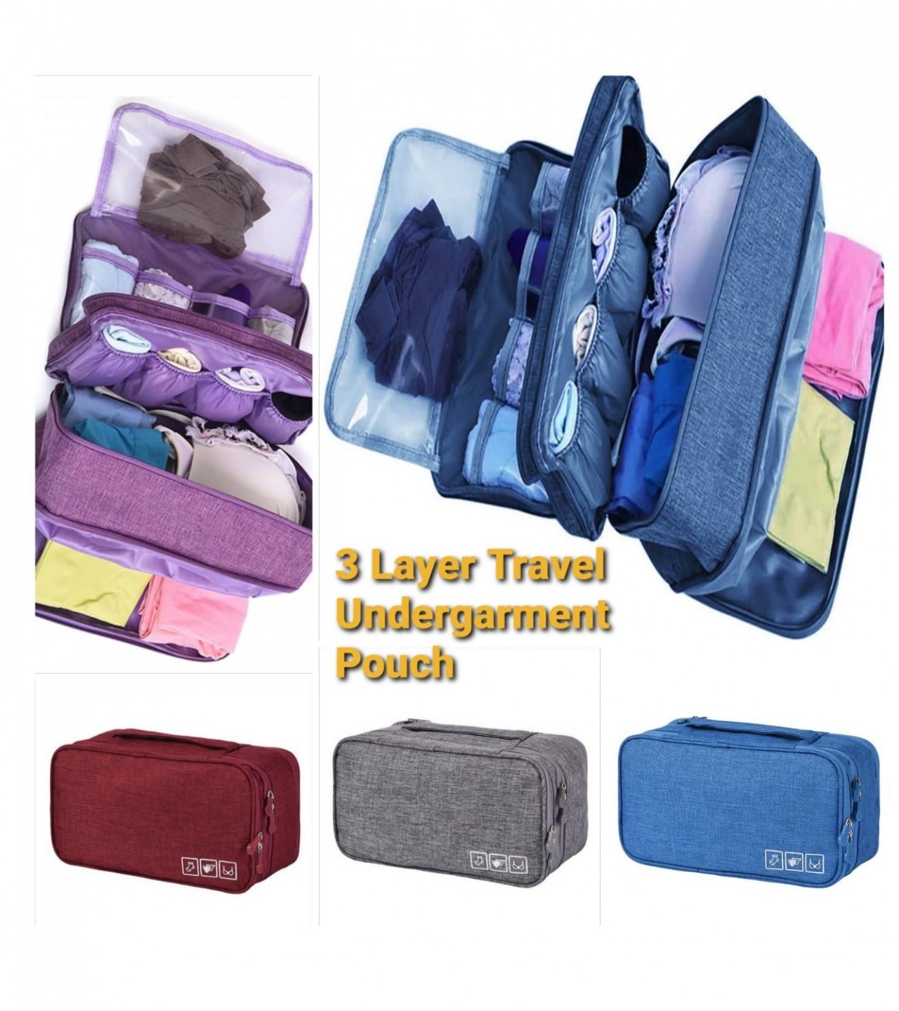 Portable 3 Layer Travel Undergarments Organizer Pouch