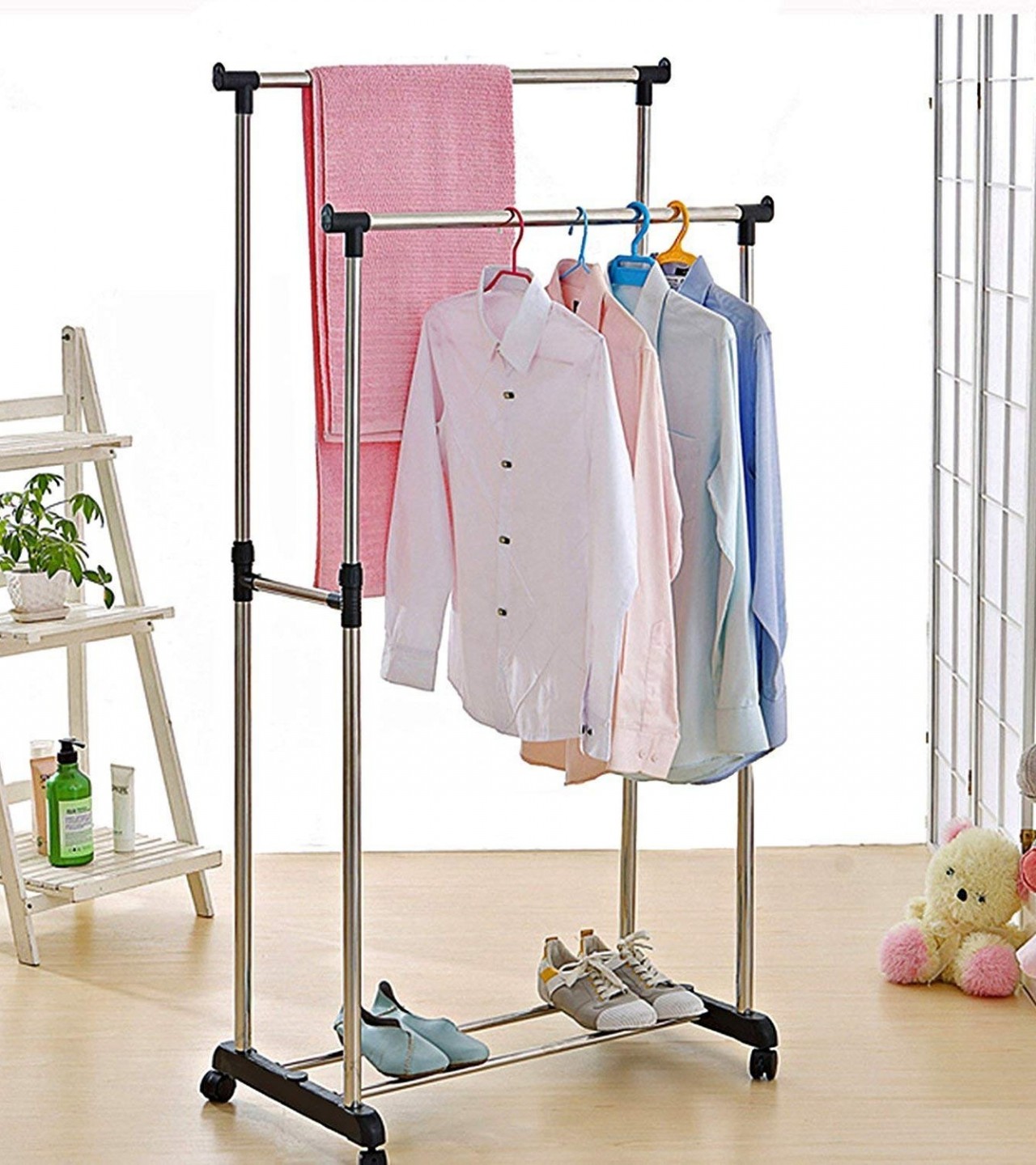 Stainless Steel Double Pole Cloth hanging Rack with Shoe Stand Laundry Rack With Tire