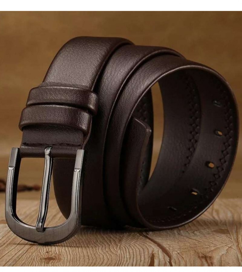 Round buckle leather dark brown belt for men