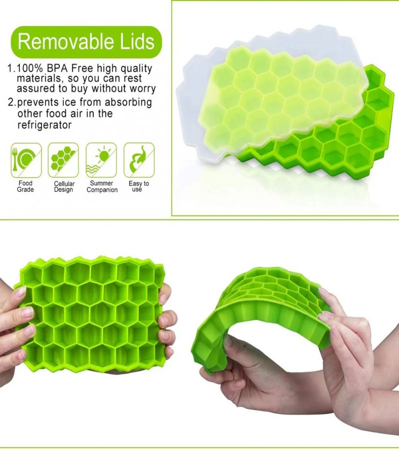 Silicone Ice cube Tray with plastic lid Easy Push Pop Out Square Silicon Ice Cubes Tray Honeycomb Shape Silicone Ice Cube Molds