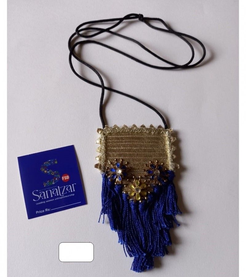Golden necklace with blue tassels