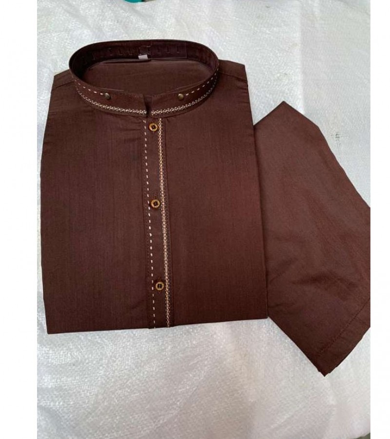 Shalwar Kameez Suit Stitched Shirt Collar Embroidery Brown