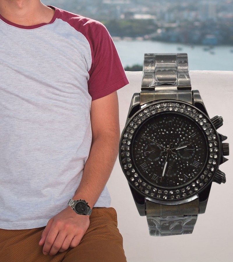 Black Dial With Stones Watch For Men