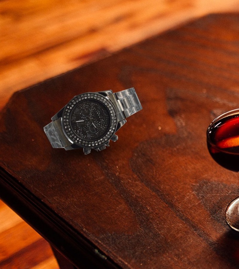 Black Dial With Stones Watch For Men