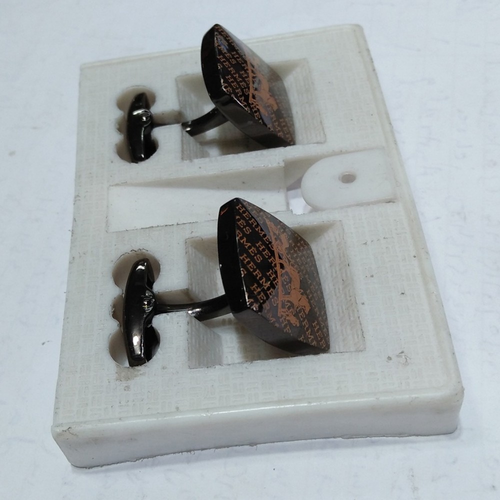 Black & Silver Square Shaped Steel Hermes Cufflinks Stud Set For Men