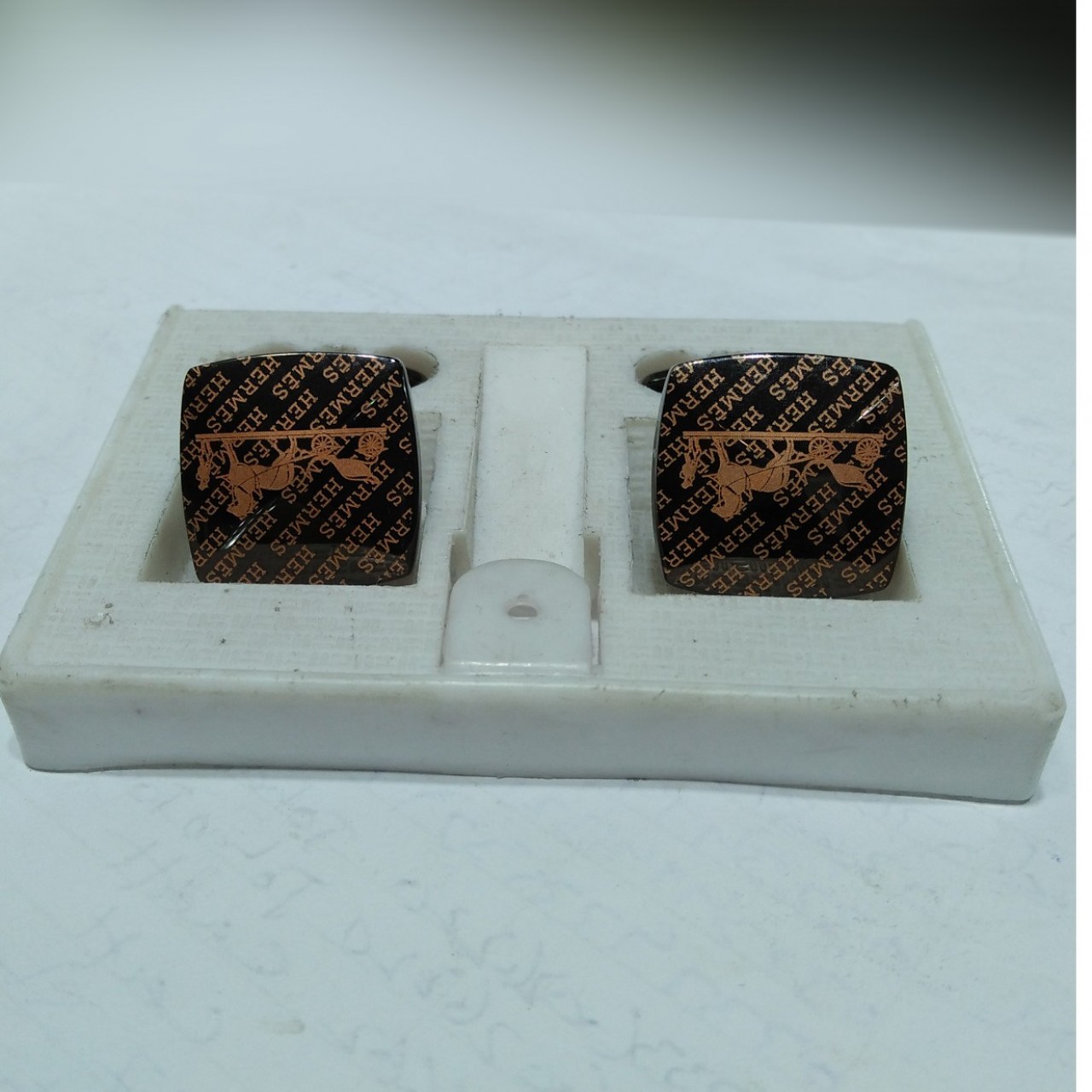 Black & Silver Square Shaped Steel Hermes Cufflinks Stud Set For Men