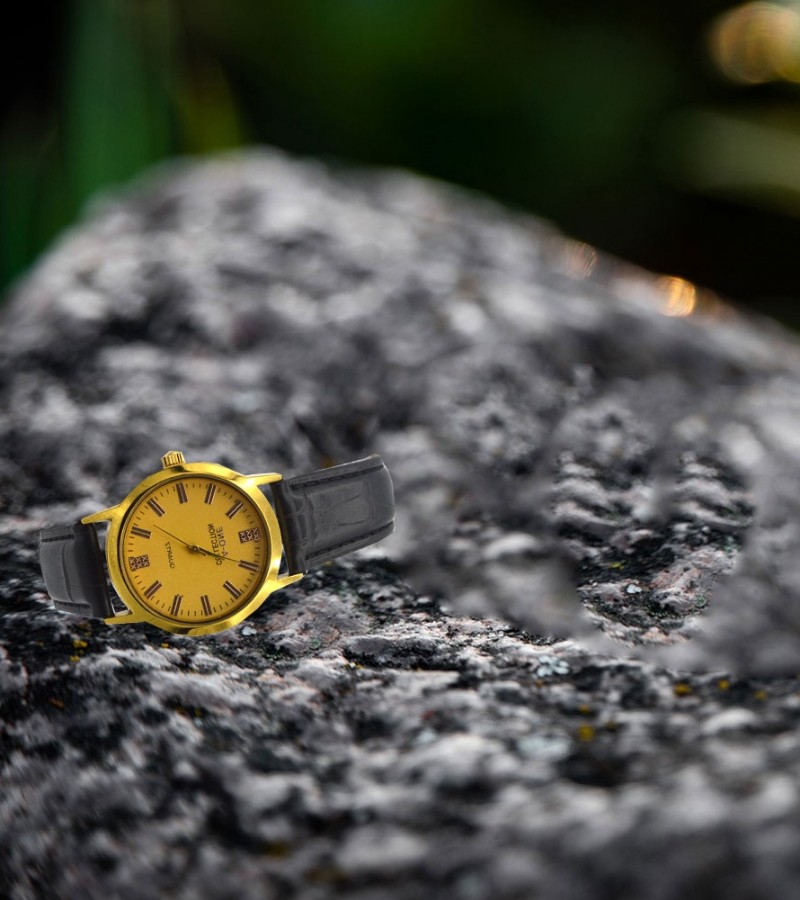Black Strap & Golden Dial Watch For Men