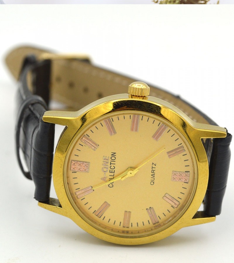 Black Strap & Golden Dial Watch For Men