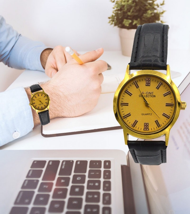 Black Strap & Golden Dial Watch For Men