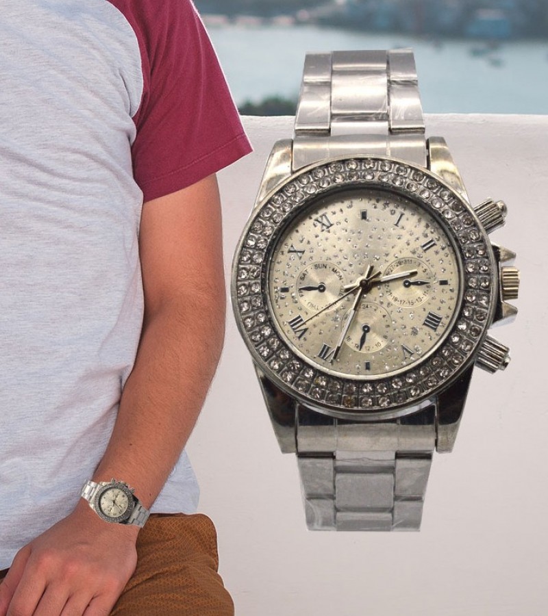 Grey Dial With Stones Watch For Men