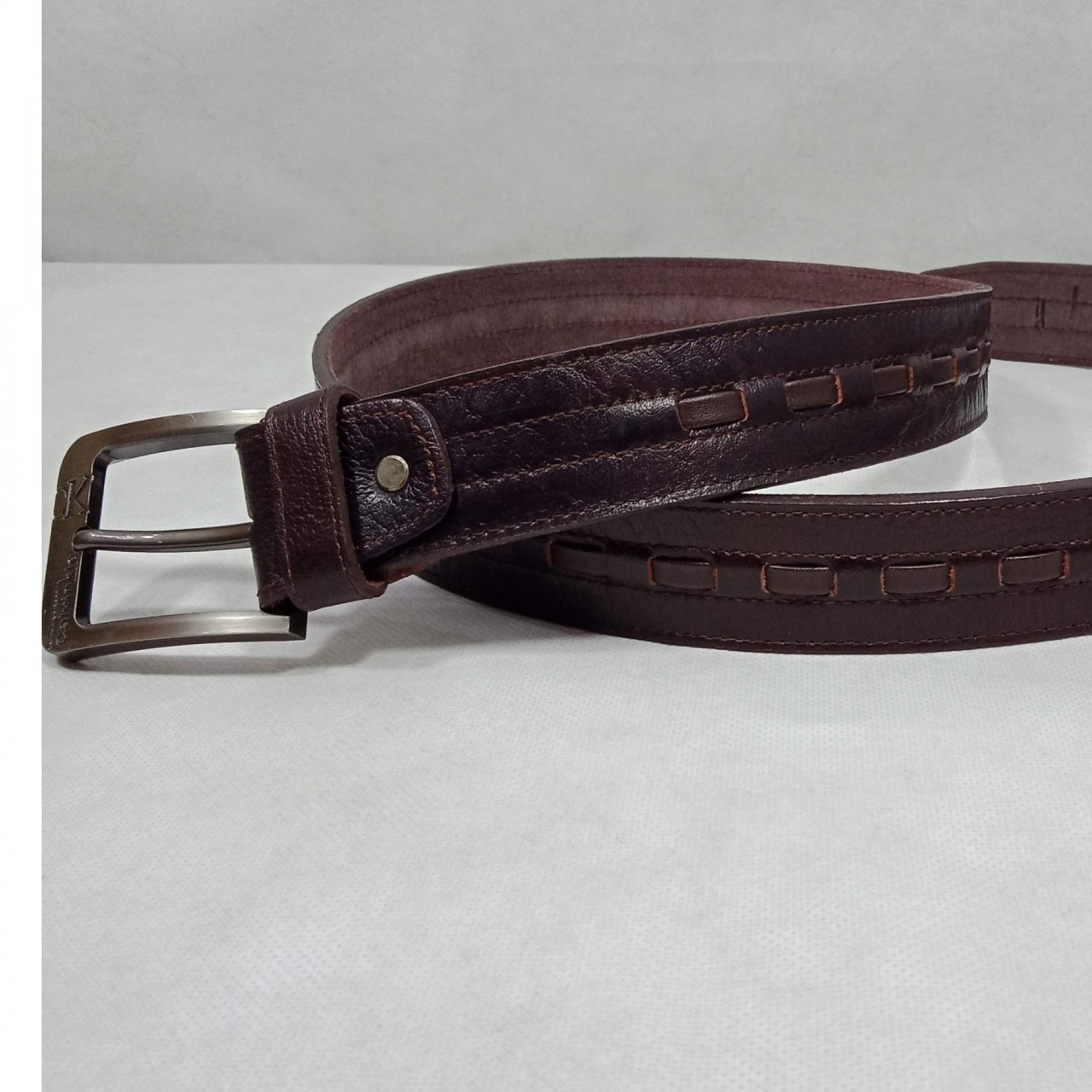 Men Burgundy Genuine Leather Stitch Style Belt