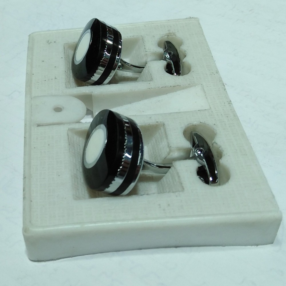 Oval Shaped Black & White Gem Stone Steel Cufflinks Stud Set For Men