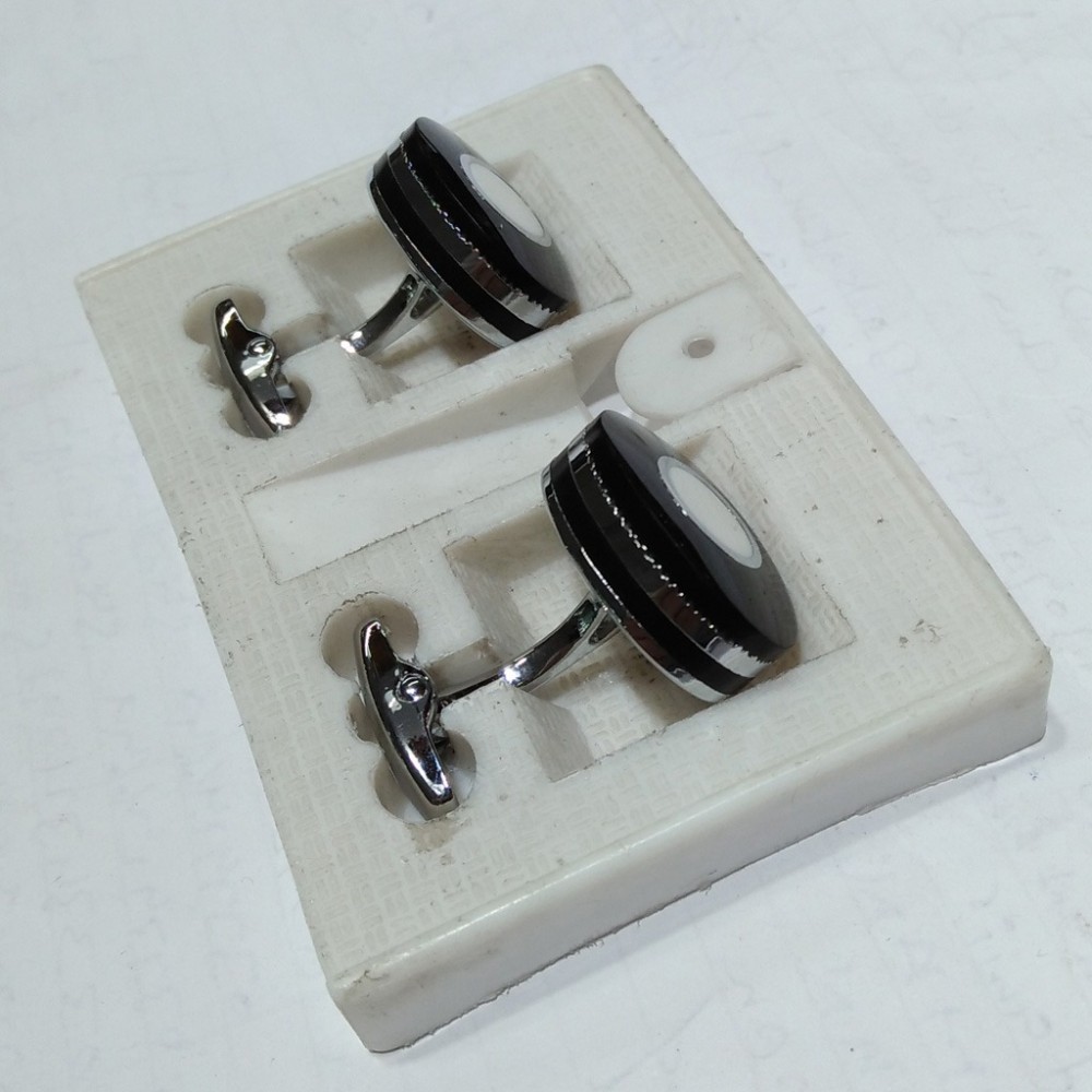Oval Shaped Black & White Gem Stone Steel Cufflinks Stud Set For Men