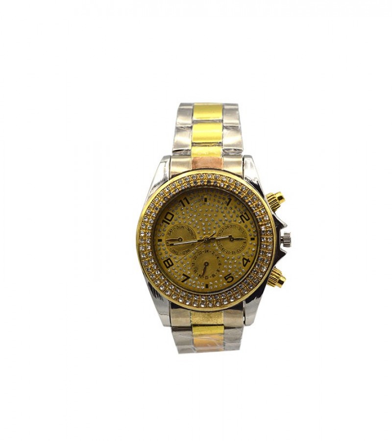Silver Dial With Gold Stones Watch For Men