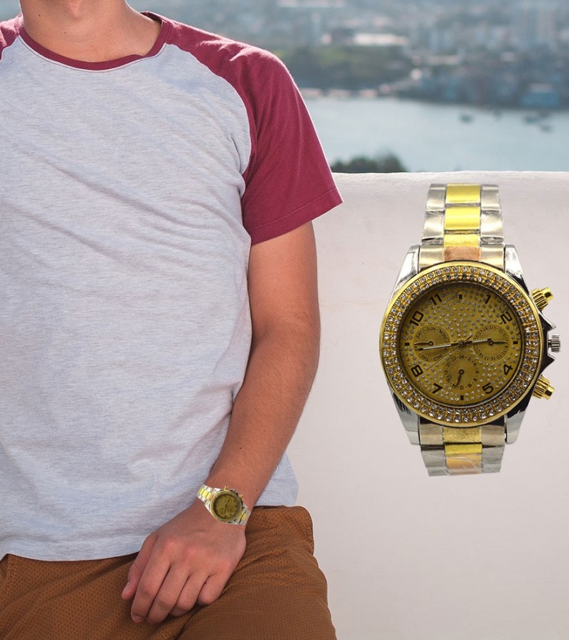 Silver Dial With Gold Stones Watch For Men