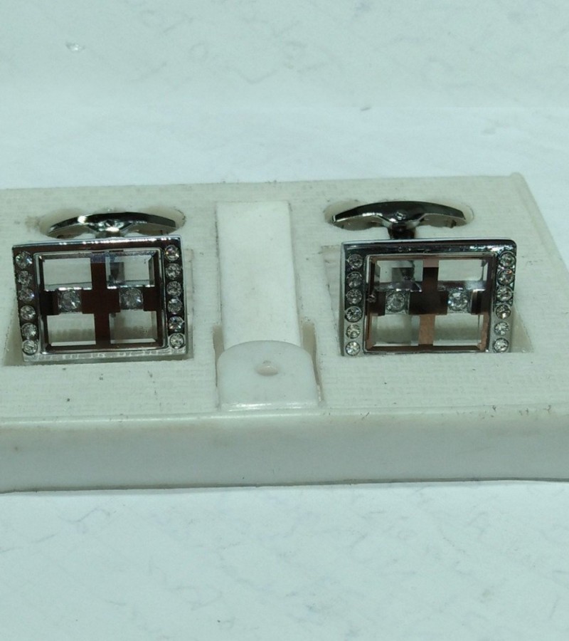 Silver Square Shaped Transparent Gem Stone Steel Cufflinks Stud Set For Men