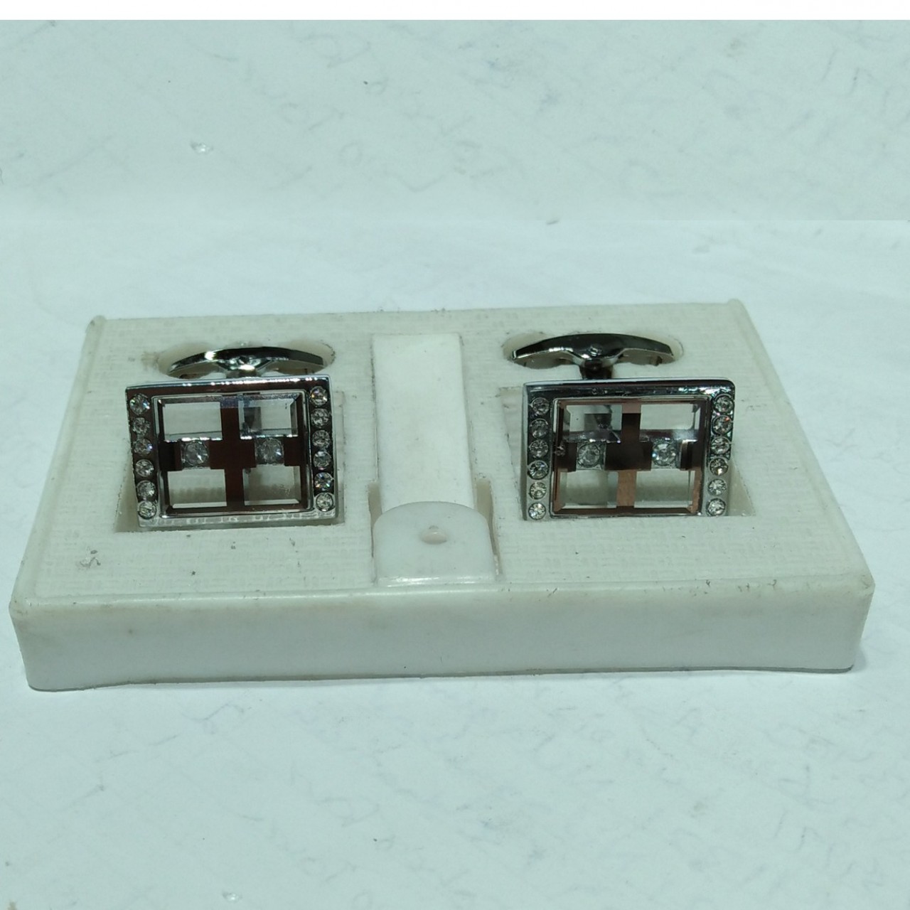 Silver Square Shaped Transparent Gem Stone Steel Cufflinks Stud Set For Men