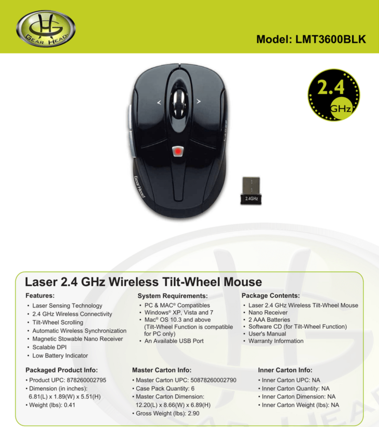 Gear Head LMT3600BLK Laser Wireless Mouse - 2.4 GHz, Tilt-Wheel, Black