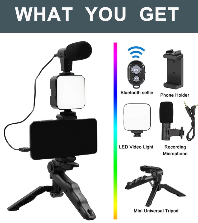 AY-49 Video Vlogging Kits with Microphone LED Fill Light & Mini Tripod