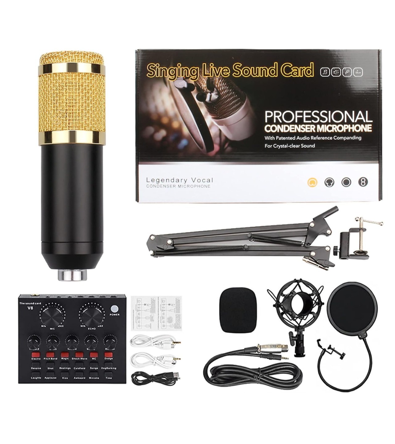 Podcast Equipment Bundle, Audio Interface with V8 Sound Card All in One for Laptop Computer Vlog Living Broadcast Live Streaming YouTube TikTok
