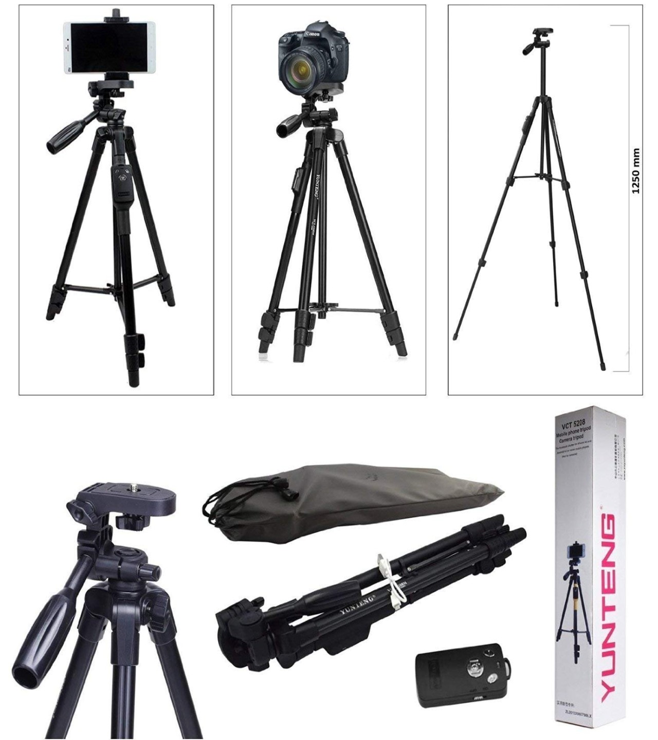 Selfie Video YUNTENG VCT 5208 RM Aluminum Tripod with 3-Way Head & Bluetooth Remote
