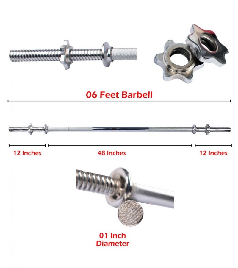 6 Feet barbell weight lifting rod for weight plates - silver