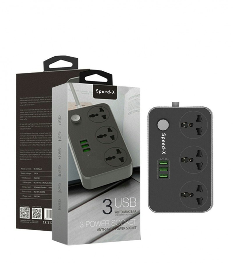 SPEED-X POWER UNIVERSAL TRAVEL 3 SOCKET + 3USB