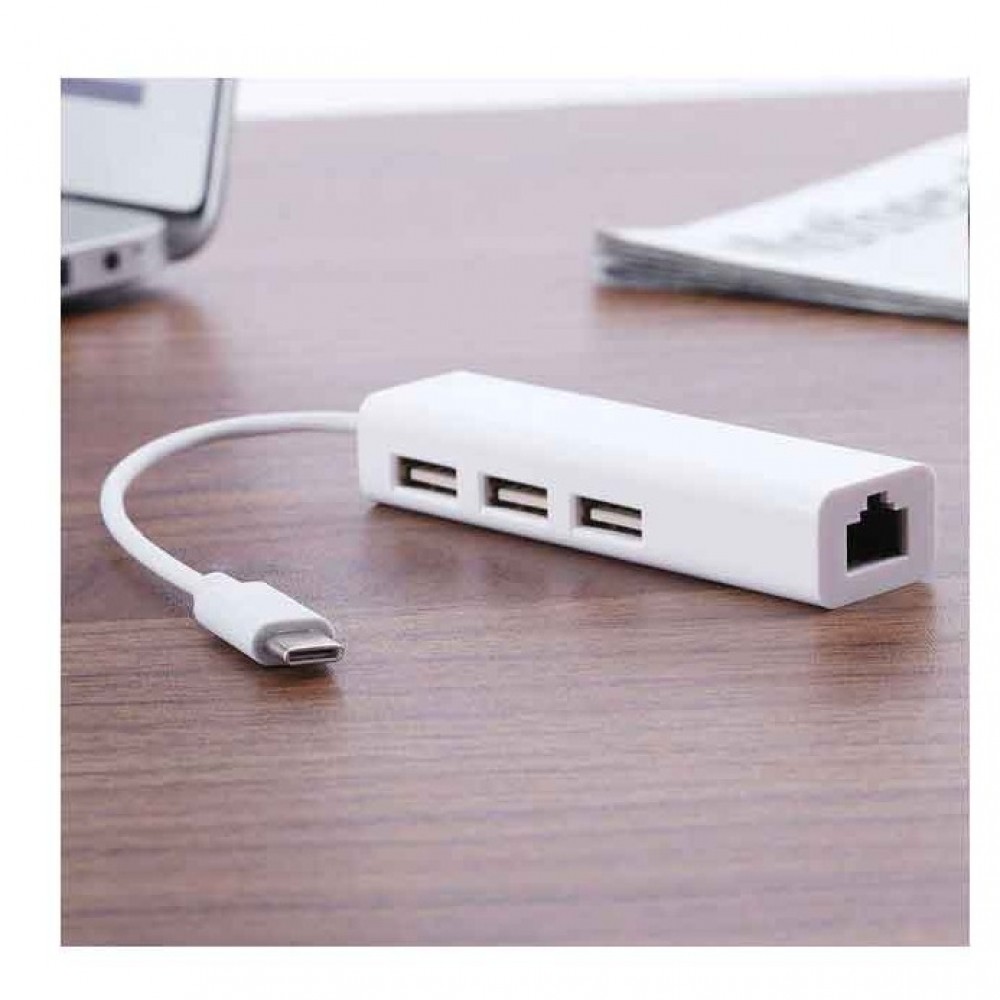 Type-C USB 3.1 to 3 Port USB 2.0 100M RJ45 Ethernet Lan Network Hub Adapter - White