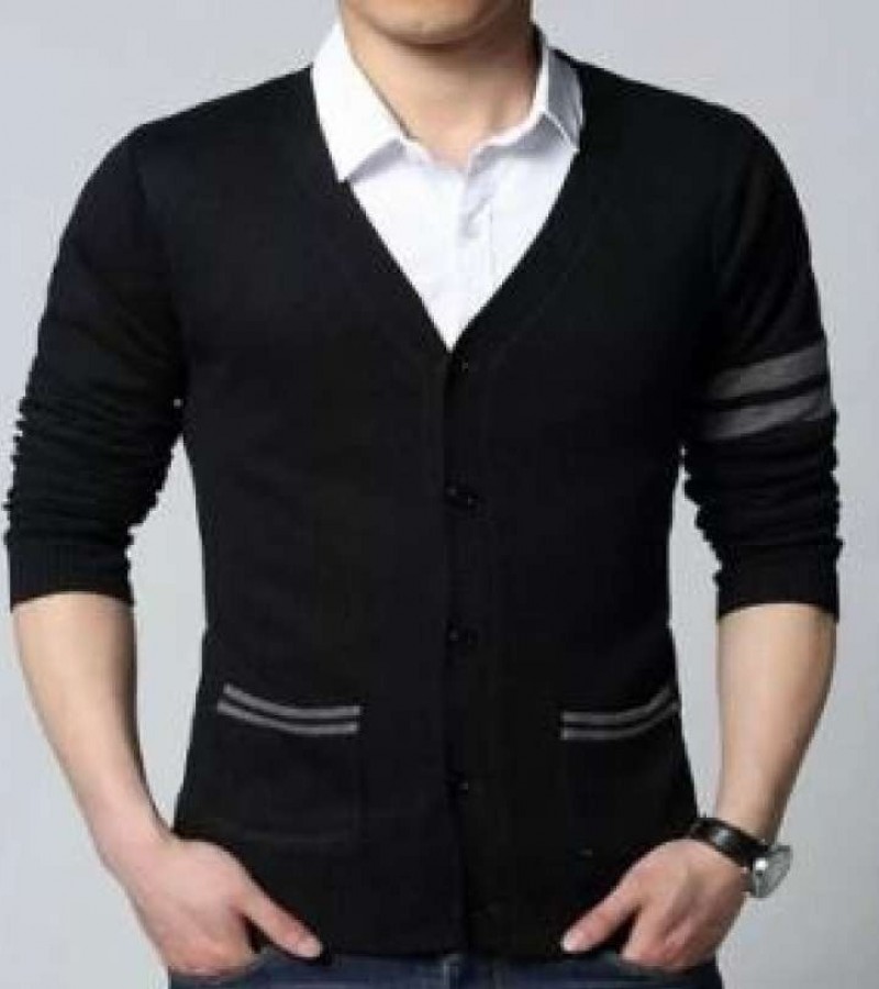 Men Black Button Down Stripe Sweaters