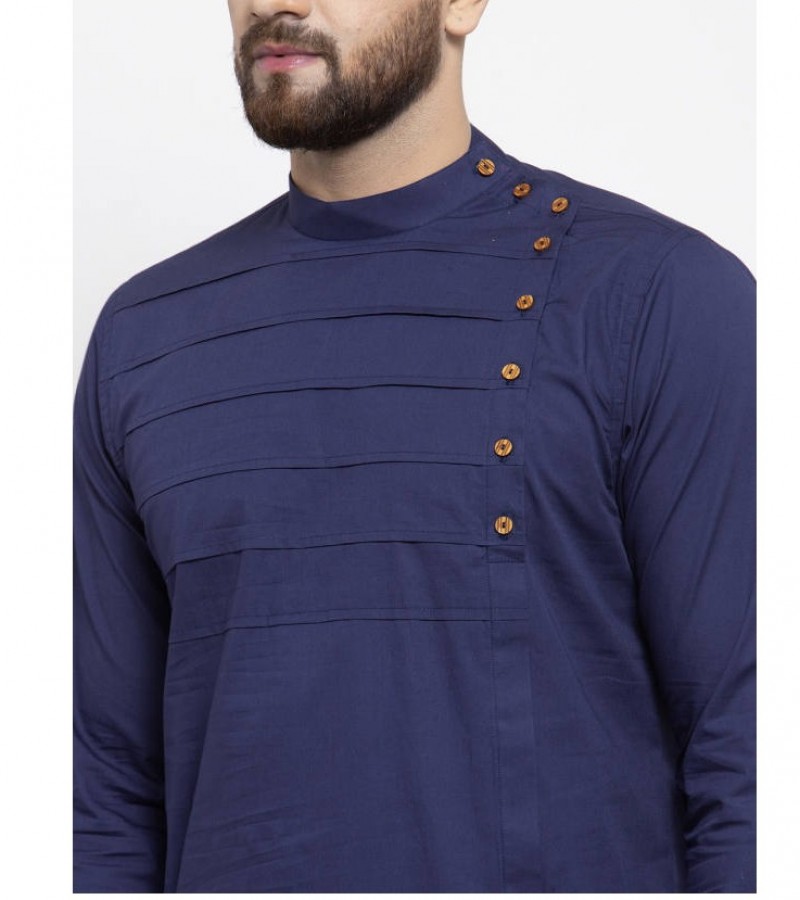 Navy Blue Solid Pleated Neck Cotton Kurta For Men. K20-7