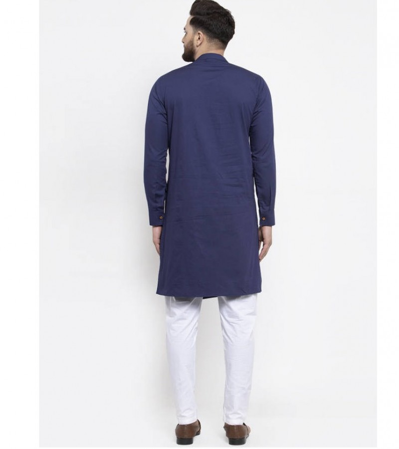 Navy Blue Solid Pleated Neck Cotton Kurta For Men. K20-7
