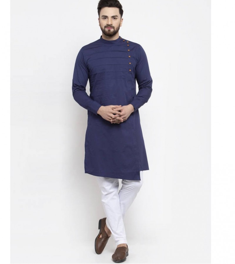 Navy Blue Solid Pleated Neck Cotton Kurta For Men. K20-7