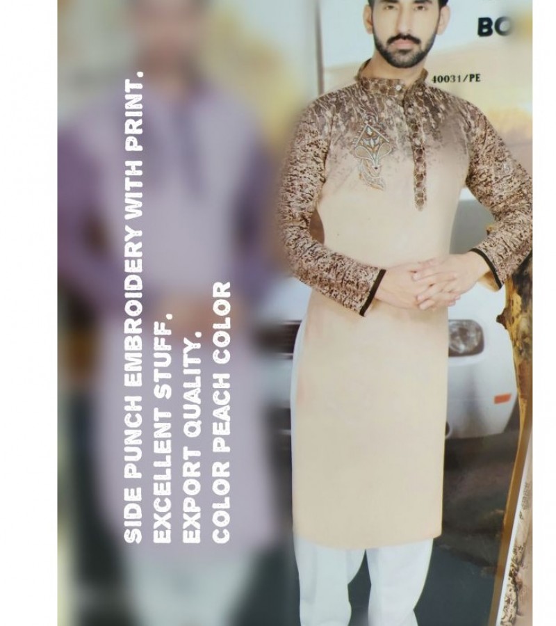 Pure Soft cotton Kurta for men Side puch embriodery Import Quality Peach color Code 40031/PE