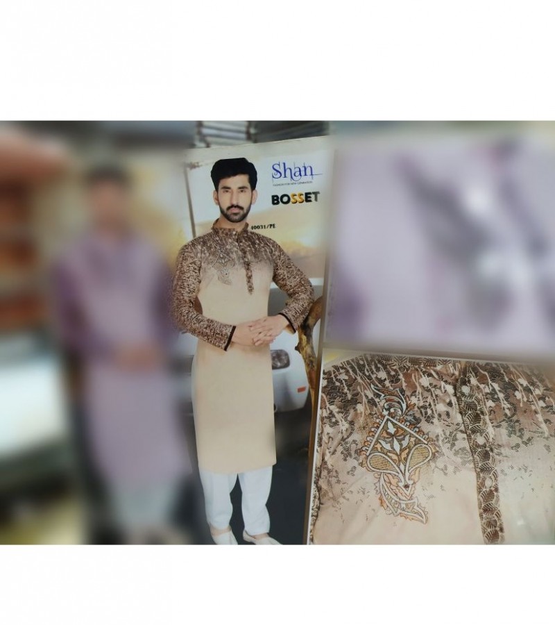 Pure Soft cotton Kurta for men Side puch embriodery Import Quality Peach color Code 40031/PE