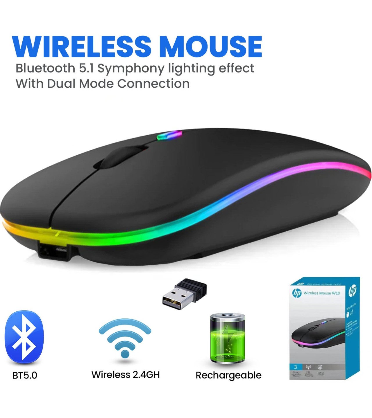 HP W10 Wireless RGB Bluetooth, Wireless, Rechargeable Slim Mouse