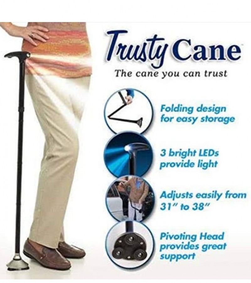 Trusty Cane - Sturdy Folding Walking Triple Head With Built in Lights - Fordable Walking Stick