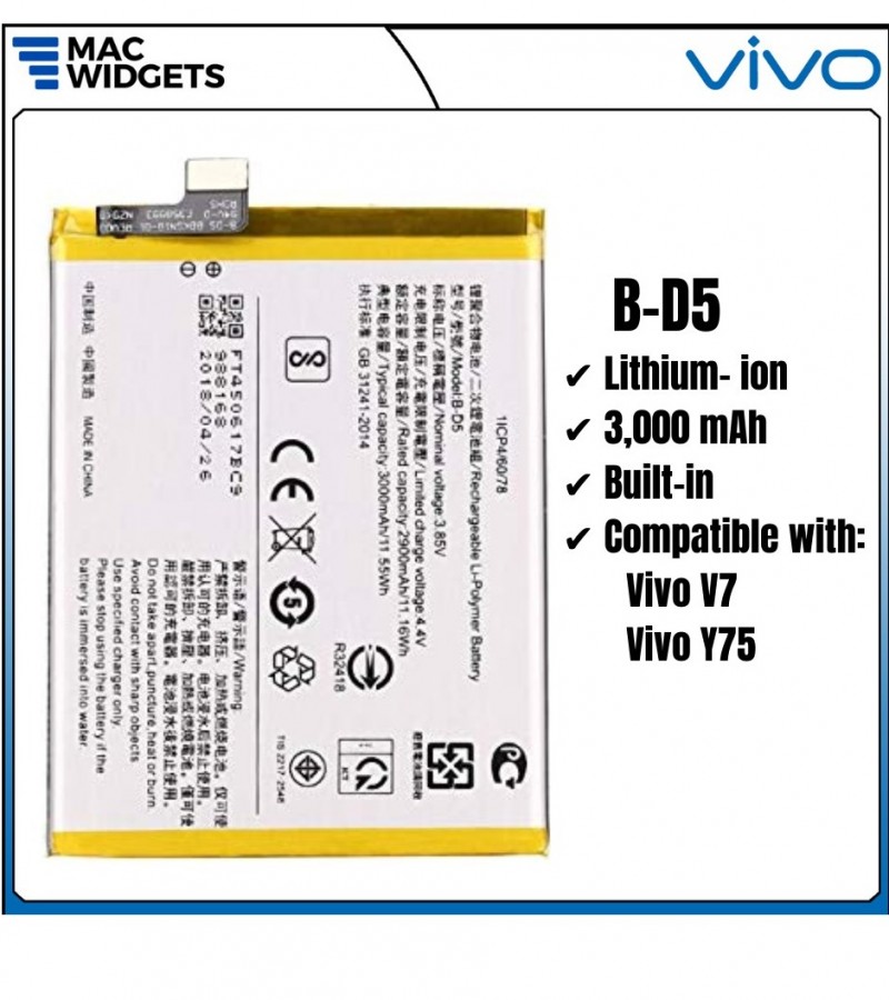 Vivo V7 , Y75 Battery Replacement B-D5 Battery With 3000mAh Capacity - Silver