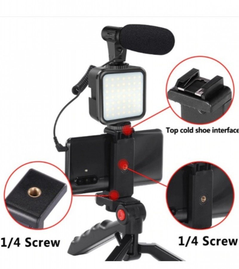 Vlogging Kit KIT-01LM Mini Tripod With Microphone, LED Light & Phone Holder Live Recording