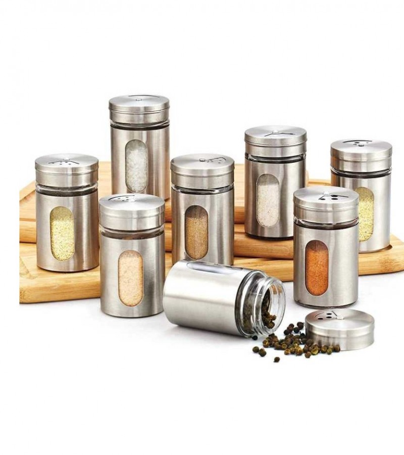Cylinder Stainless Steel Kitchen Storage Glass Spice jar Set 12Pcs