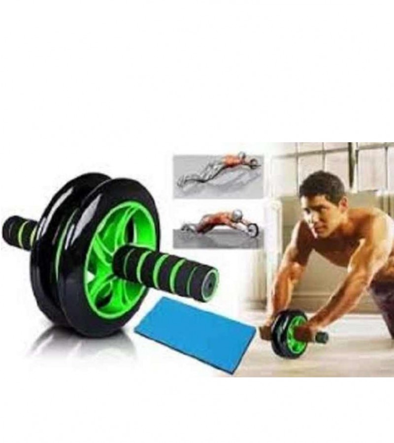 Double Wheels Ab Wheel Roller With Free Grip & Knee Mat - Green & Black
