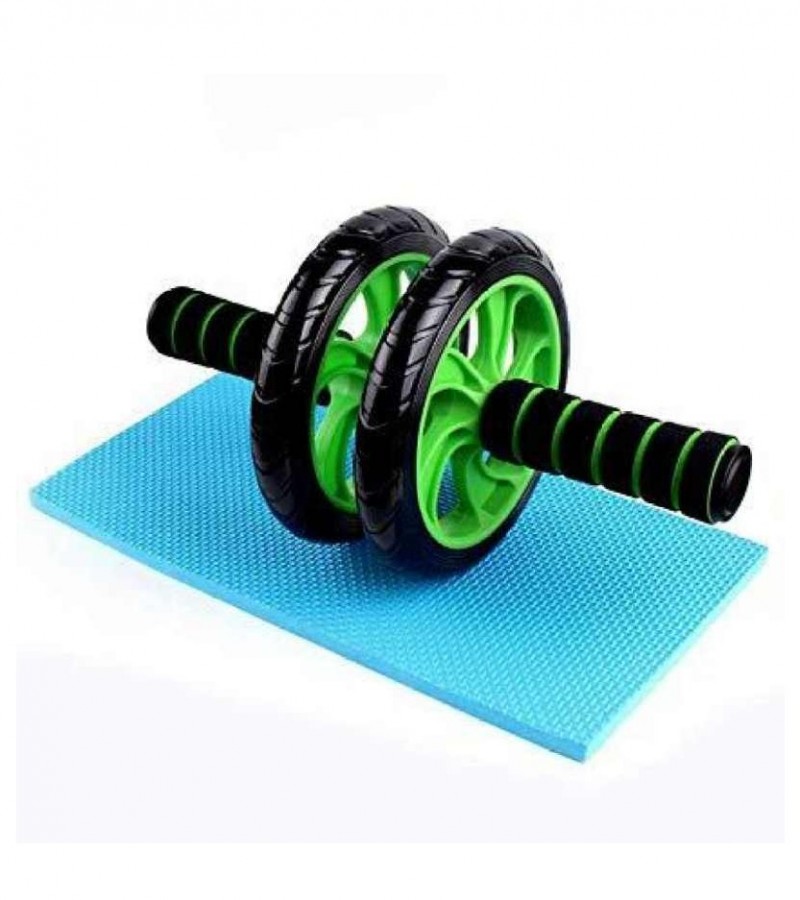 Double Wheels Ab Wheel Roller With Free Grip & Knee Mat - Green & Black
