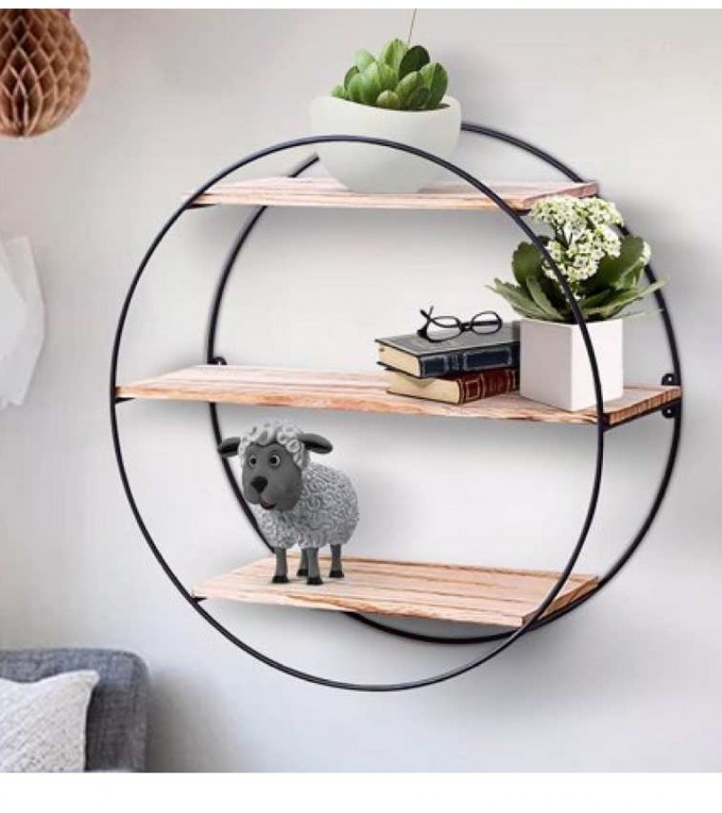 Furniture Wood and Metal Wall Shelf Retro Round Style Storage Rack For Home Bedroom Decoration