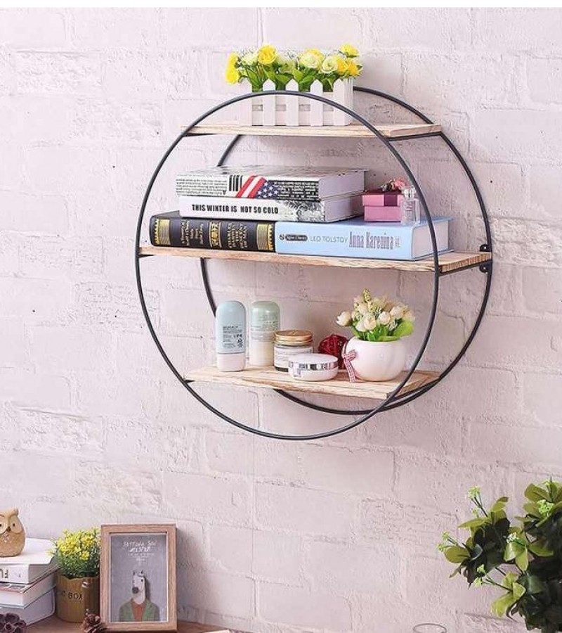 Furniture Wood and Metal Wall Shelf Retro Round Style Storage Rack For Home Bedroom Decoration