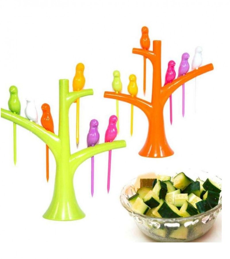 Pack Of 6 - Birdie Fruit Fork Set with Holder - Multicolor
