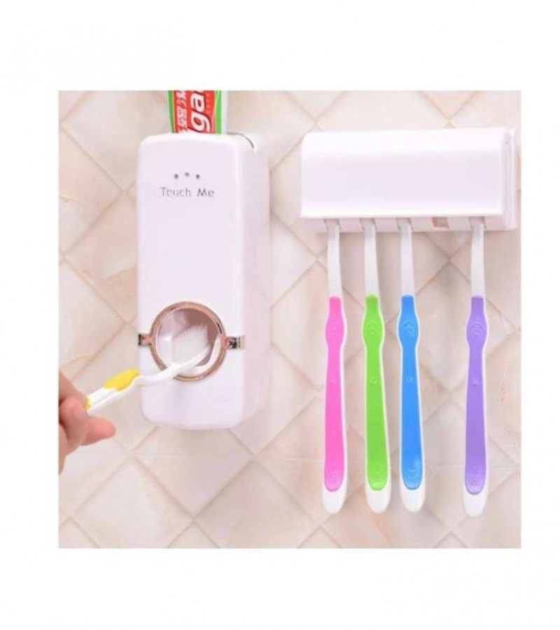 Set of Toothpaste Dispenser & Brush Holder - White