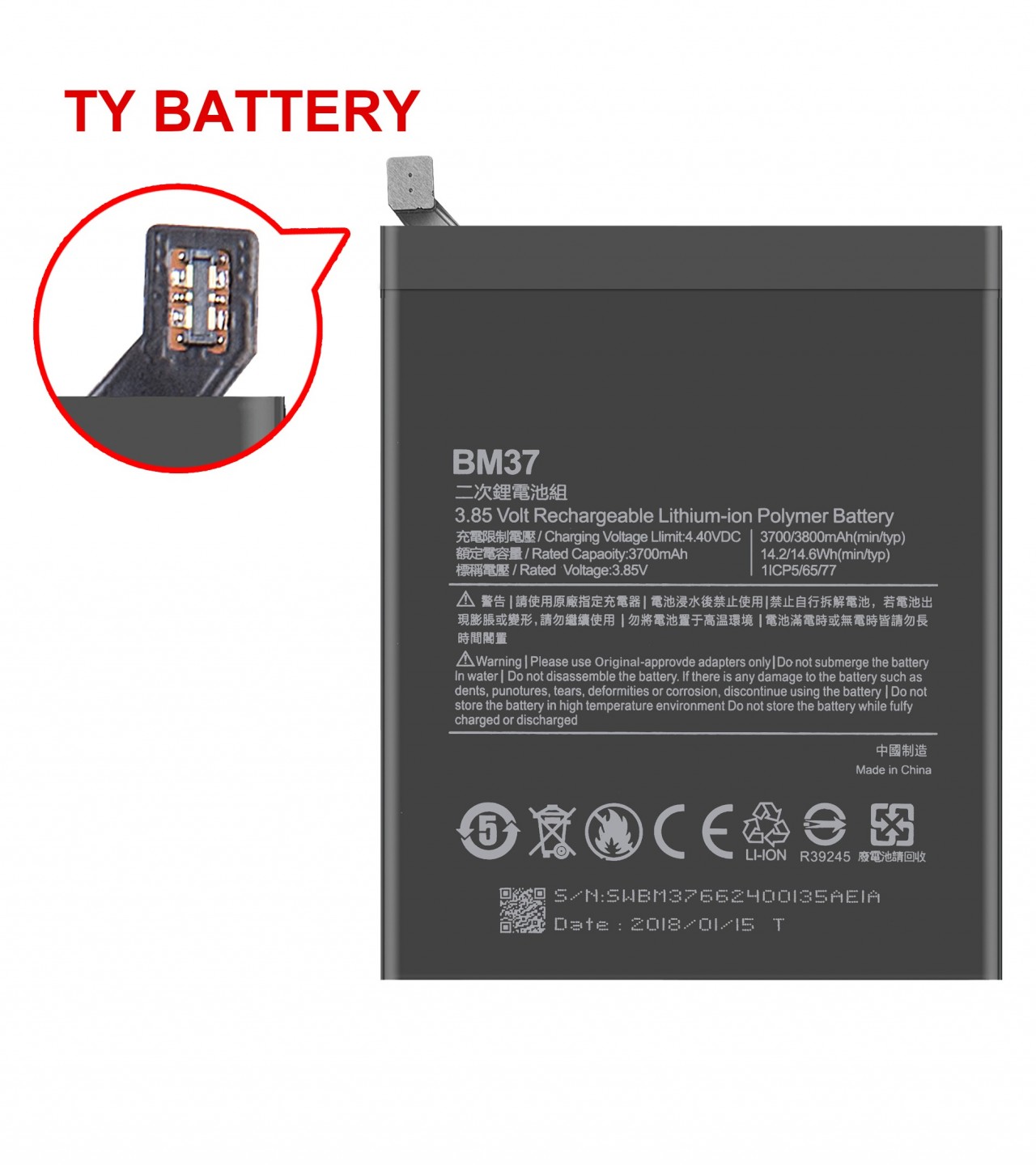Xiaomi BM37 Battery Replacement For Xiaomi Mi 5s , Mi 5s Plus Battery With 3700mAh Capacity-Black