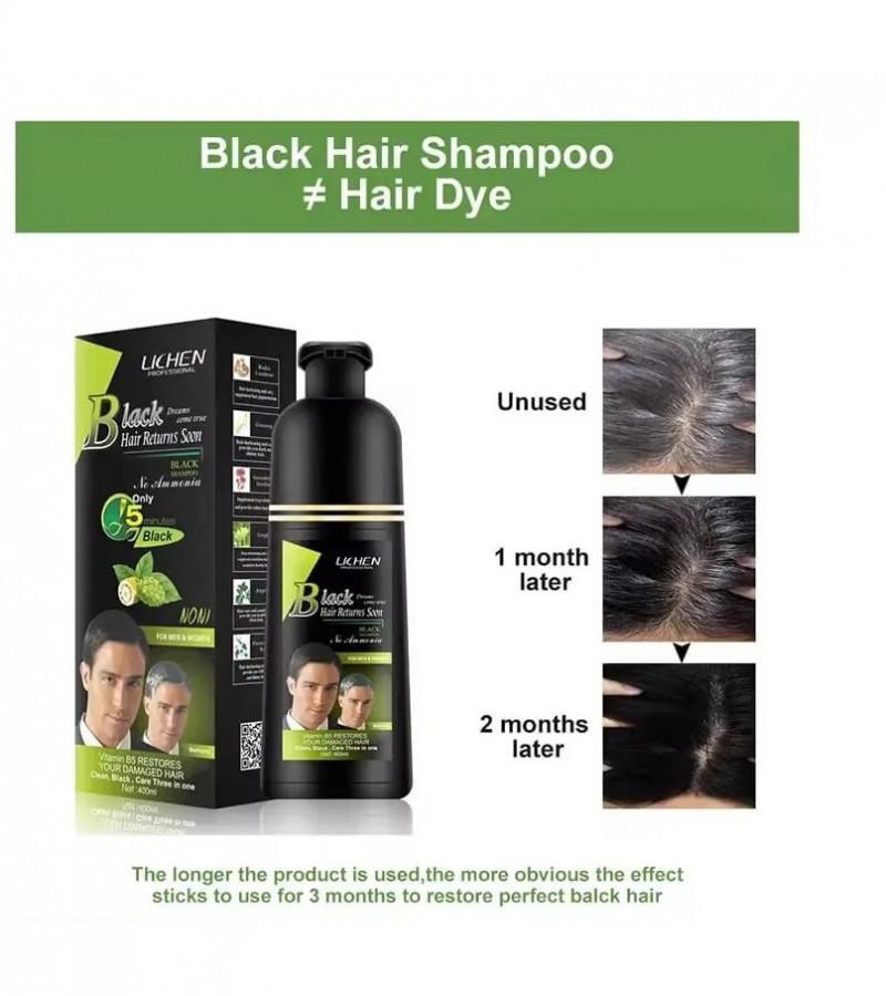 Lichen Black Hair Color Shampoo No-Stain Hair Dye Shampoo for Men & Women - 400 mL - (Black)