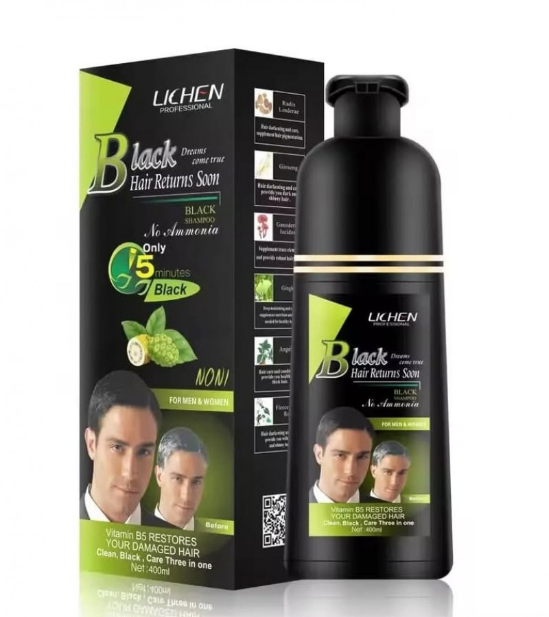 Lichen Black Hair Color Shampoo No-Stain Hair Dye Shampoo for Men & Women - 400 mL - (Black)